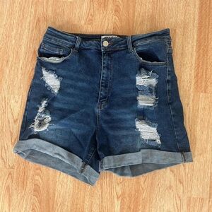 Wax Jean Dark Blue Distressed Cuffed Denim Shorts
